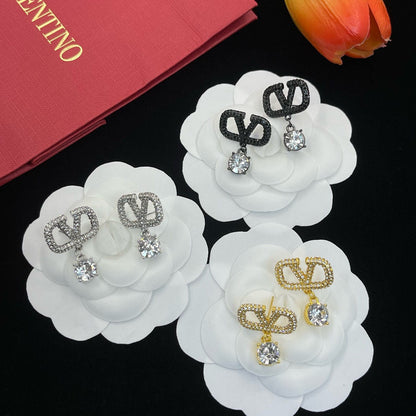 Full Diamond V Letter Earrings