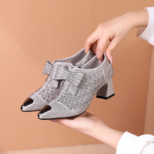 Rhinestone Hollow Chunky Heel Shoes