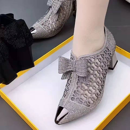 Rhinestone Hollow Chunky Heel Shoes