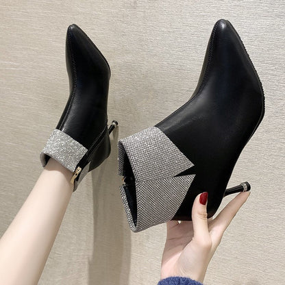 Black Soft Leather Thin Heels Ankle Boots