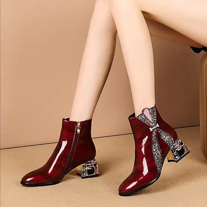 Square toe women's shoes with thick heel sequin stitching lace-up ankle boots