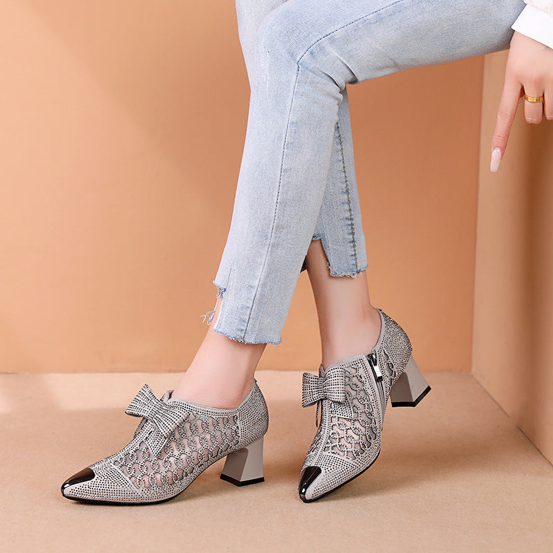 Rhinestone Hollow Chunky Heel Shoes