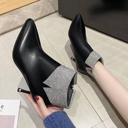 Black Soft Leather Thin Heels Ankle Boots