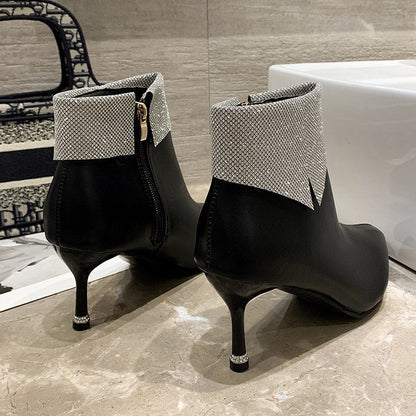 Black Soft Leather Thin Heels Ankle Boots