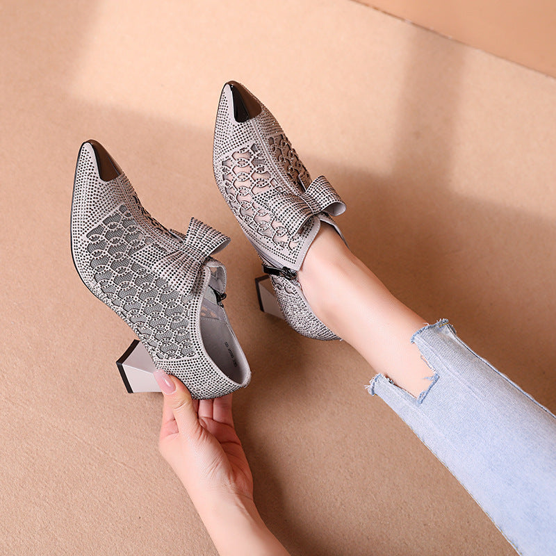 Rhinestone Hollow Chunky Heel Shoes