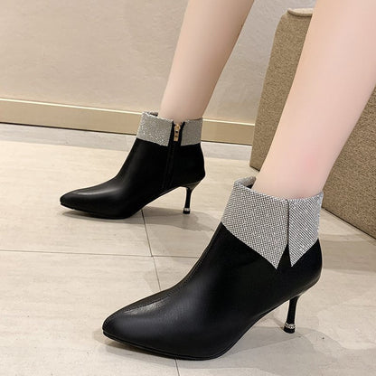 Black Soft Leather Thin Heels Ankle Boots