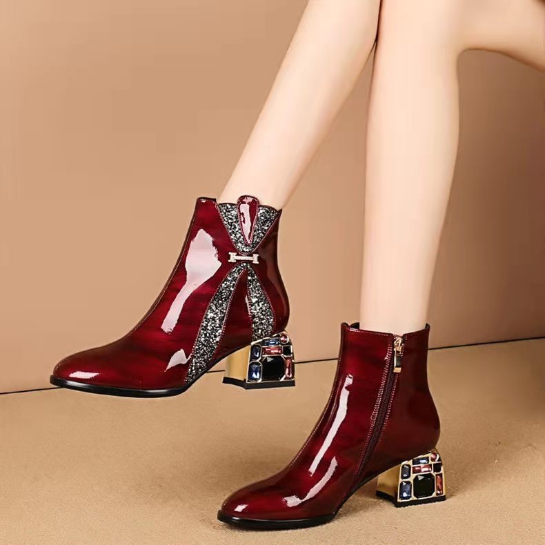 Square toe women's shoes with thick heel sequin stitching lace-up ankle boots