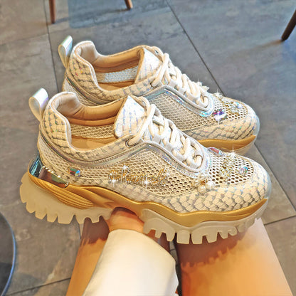 Rhinestone mesh breathable height-increasing sneakers