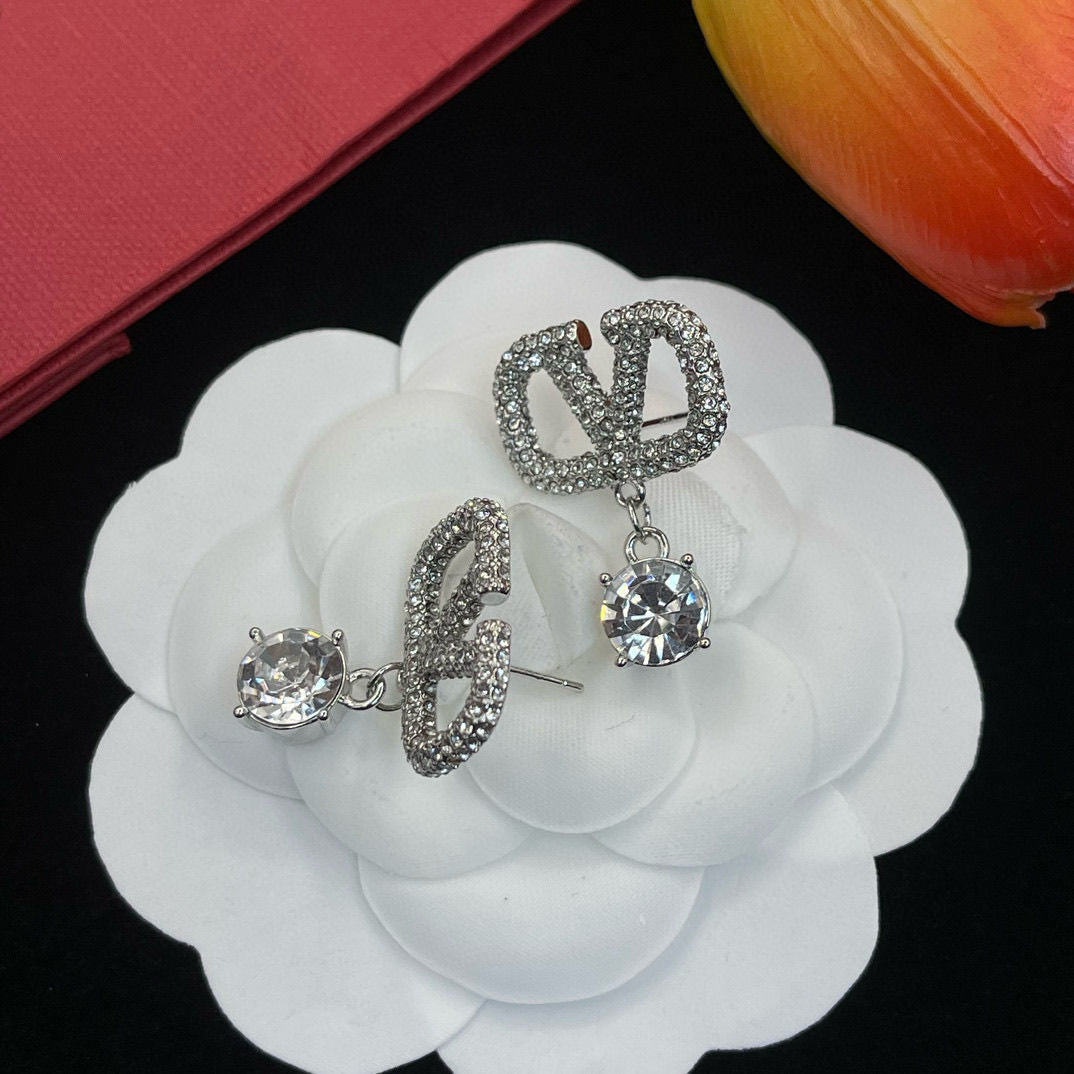 Full Diamond V Letter Earrings