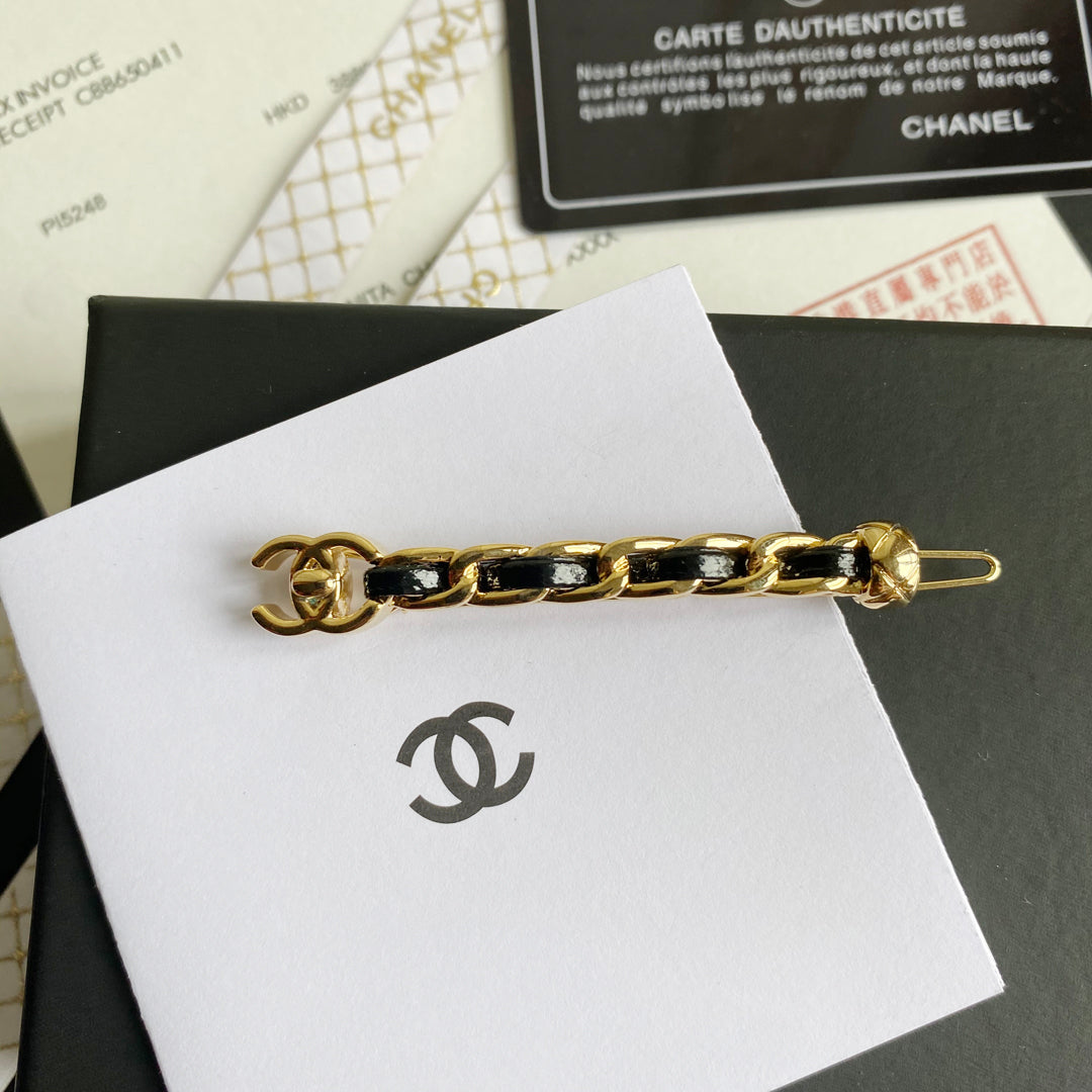 Gold Tone Black Leather Hairpin