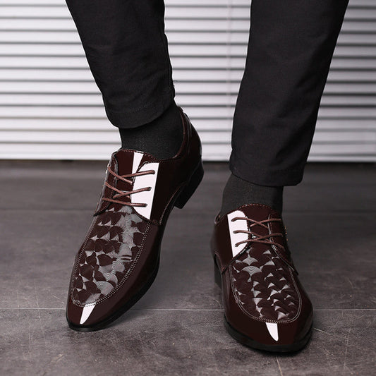 Patent Leather Lace Up Pattern Business Pointy Toe Dress Shoes