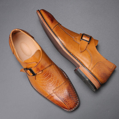 Metallic Buckle Alligator Texture Leather Slip-On Formal Shoes