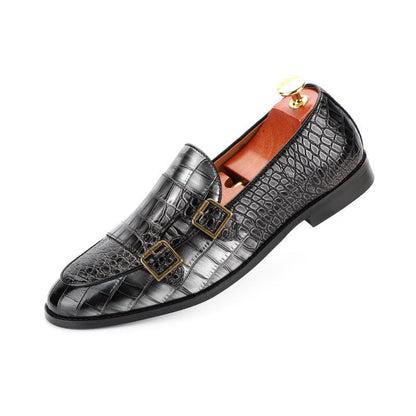 Alligator Texture PU Leather Metallic Buckle Flat Loafers Dress Shoes