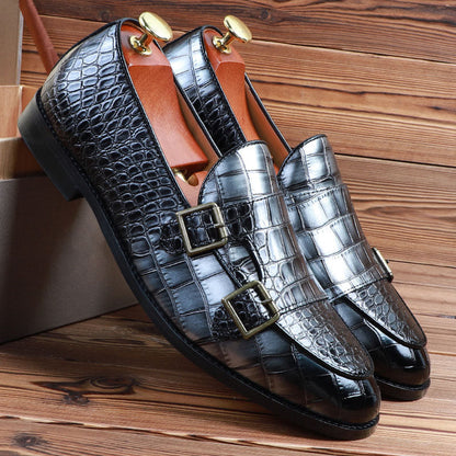 Alligator Texture PU Leather Metallic Buckle Flat Loafers Dress Shoes