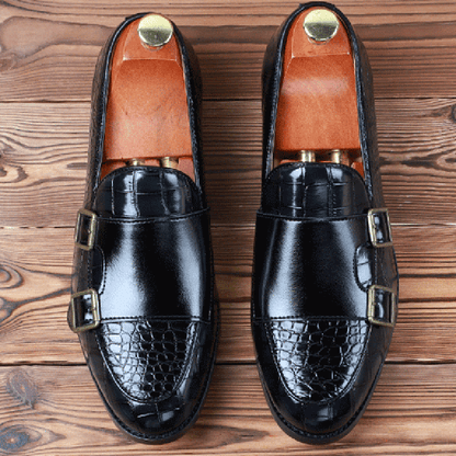 Alligator Texture PU Leather Metallic Buckle Flat Loafers Dress Shoes