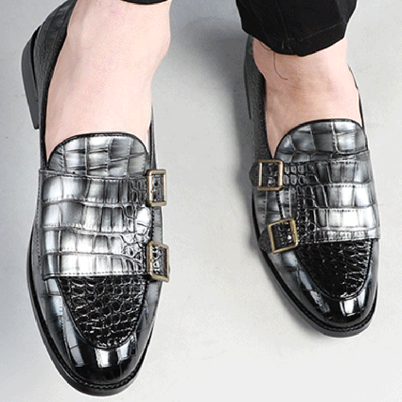 Alligator Texture PU Leather Metallic Buckle Flat Loafers Dress Shoes