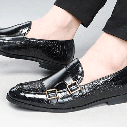 Alligator Texture PU Leather Metallic Buckle Flat Loafers Dress Shoes