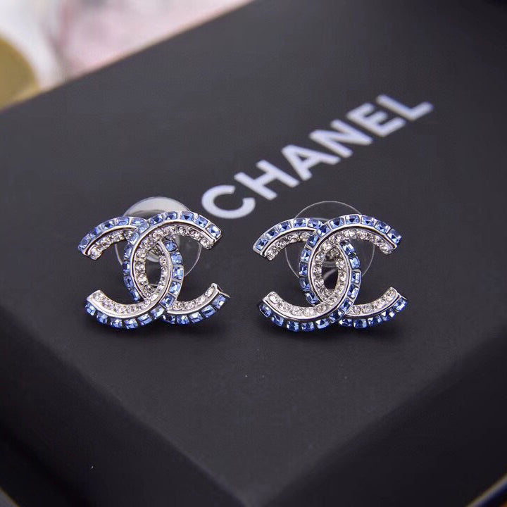 Blue Double Row Diamond Letter Earrings