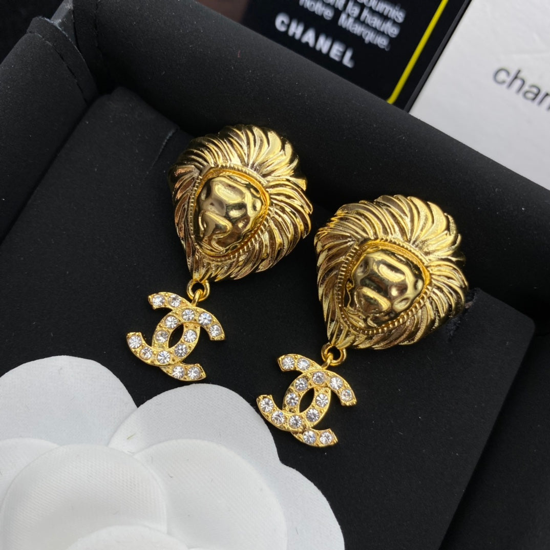 Lion Head Diamond Drop Earrings