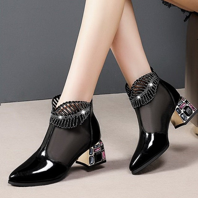 New medium thick heel hollow mesh Rhinestone shoes