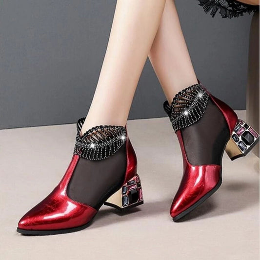 New medium thick heel hollow mesh Rhinestone shoes