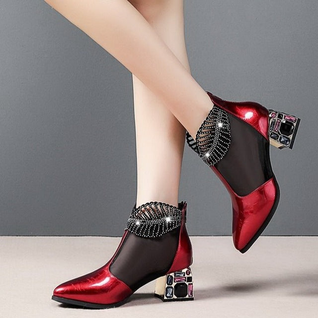 New medium thick heel hollow mesh Rhinestone shoes