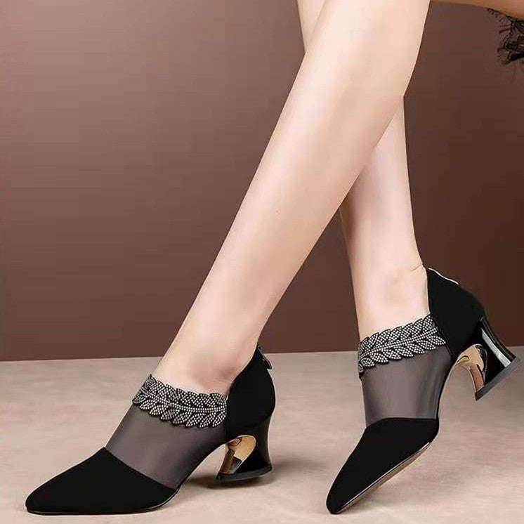 Fashion temperament thick heel mesh stitched large women's shoes