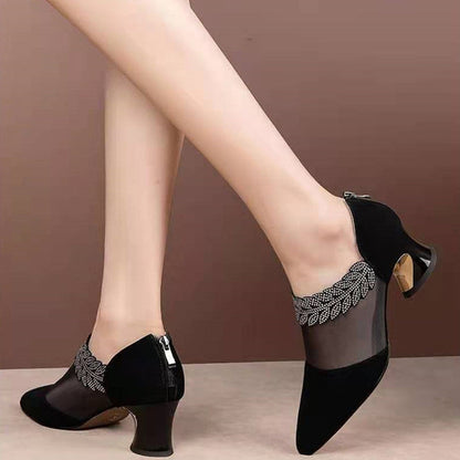 Fashion temperament thick heel mesh stitched large women's shoes