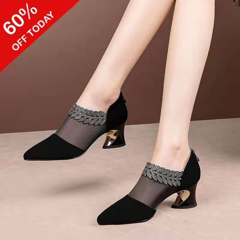 Fashion temperament thick heel mesh stitched large women's shoes