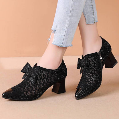 Rhinestone Hollow Chunky Heel Shoes