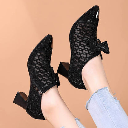 Rhinestone Hollow Chunky Heel Shoes