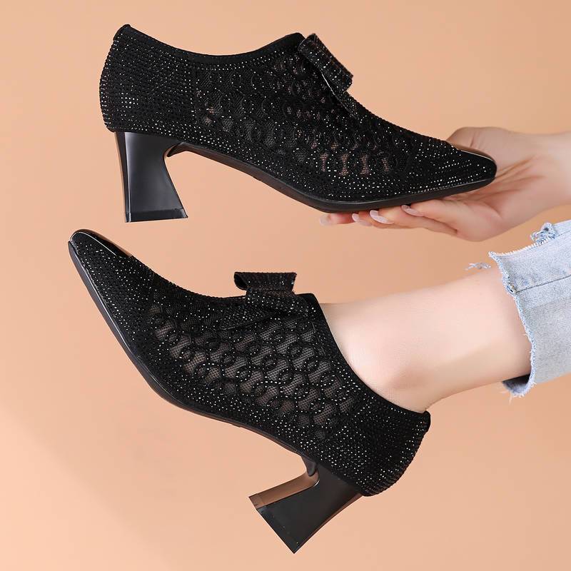 Rhinestone Hollow Chunky Heel Shoes