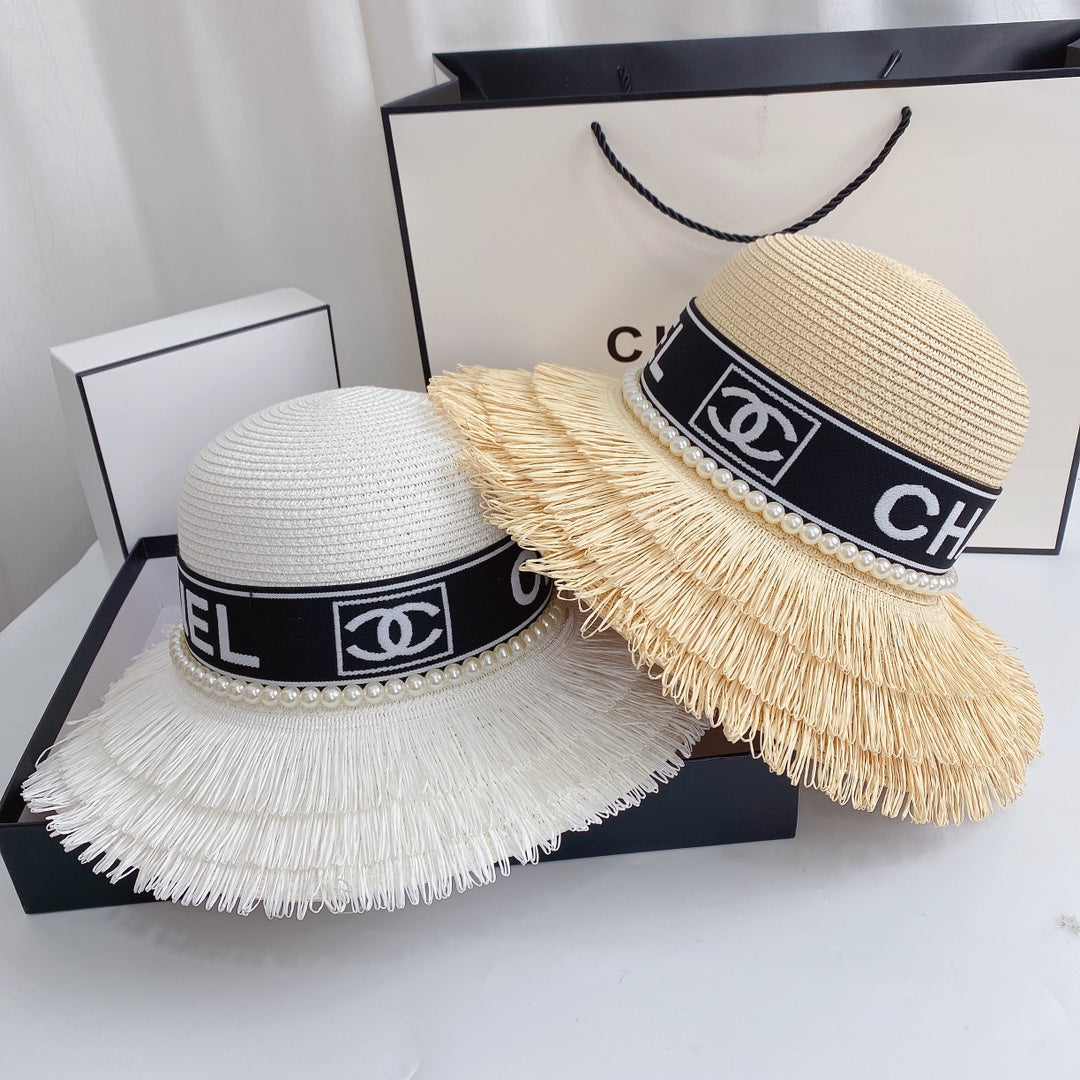 Pearl Webbing Fringe Straw Hat