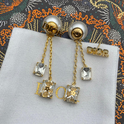 Square Diamond Pendant Pearl Earrings