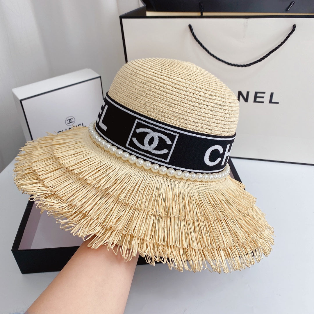 Pearl Webbing Fringe Straw Hat