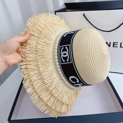 Pearl Webbing Fringe Straw Hat