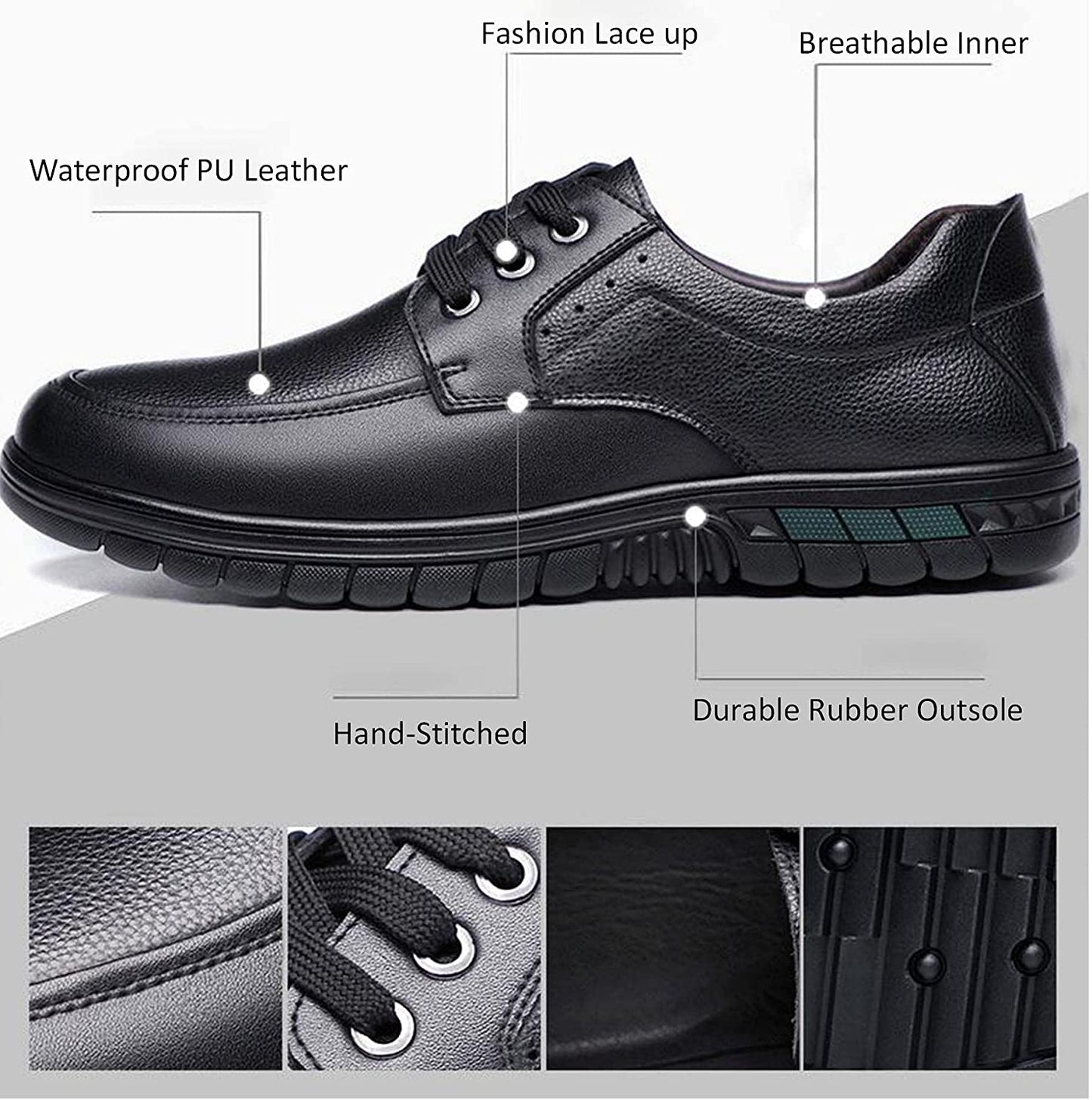 Men's Lace Ups Casual Leather Black Shoes Derbys Non-Slip Business Dress Shoes