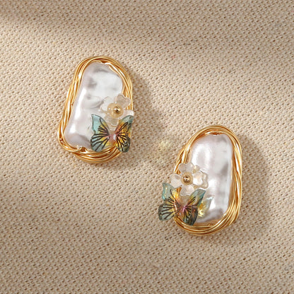 Elegant Hand-Wound Baroque Pearl Butterfly Stud Earrings