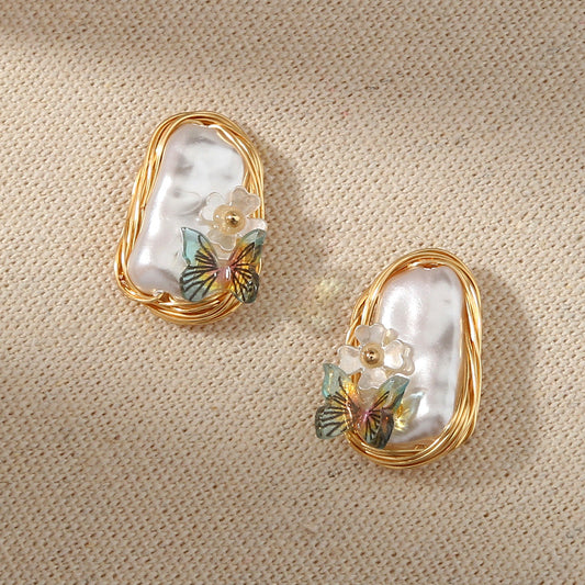 Elegant Hand-Wound Baroque Pearl Butterfly Stud Earrings