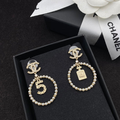 Lucky 5 Perfume Bottle Pendant Pearl Earrings