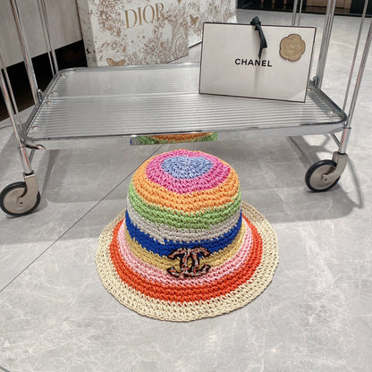 Rainbow Colorblock Holiday Straw Bucket Hat