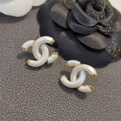 Double C White Stud Earrings