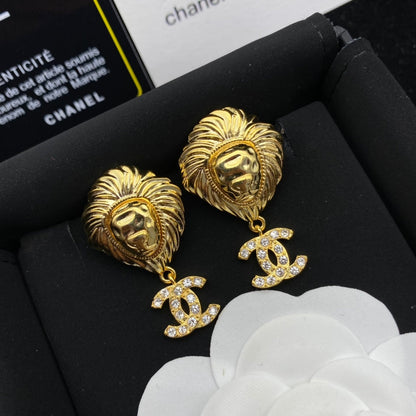 Lion Head Diamond Drop Earrings