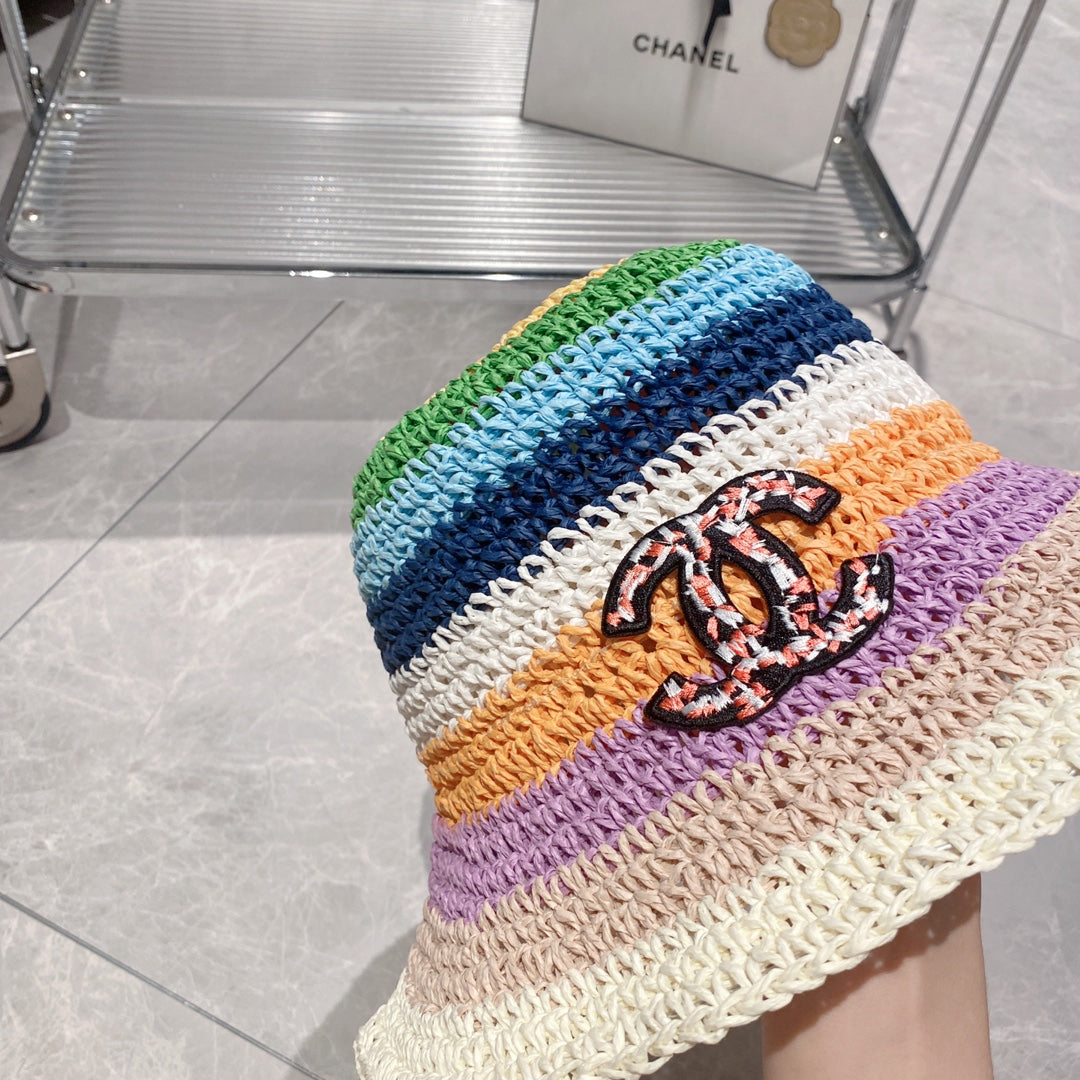 Rainbow Colorblock Holiday Straw Bucket Hat