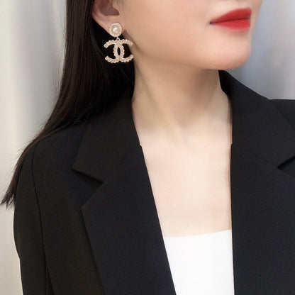 Double C Drop Pearl Earrings