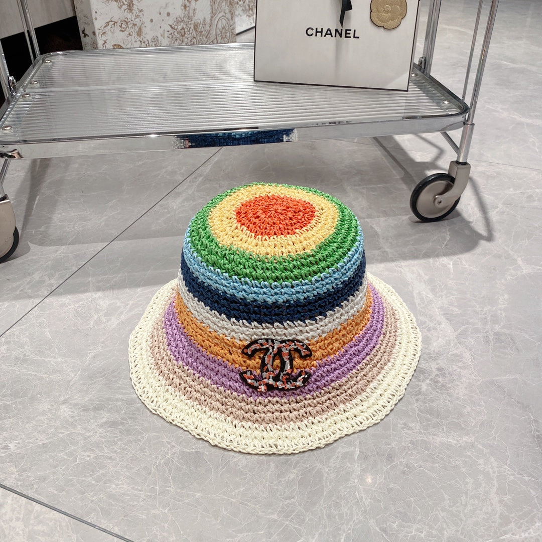 Rainbow Colorblock Holiday Straw Bucket Hat