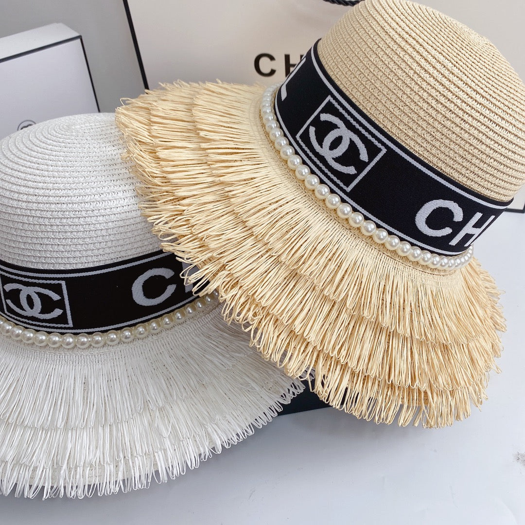 Pearl Webbing Fringe Straw Hat