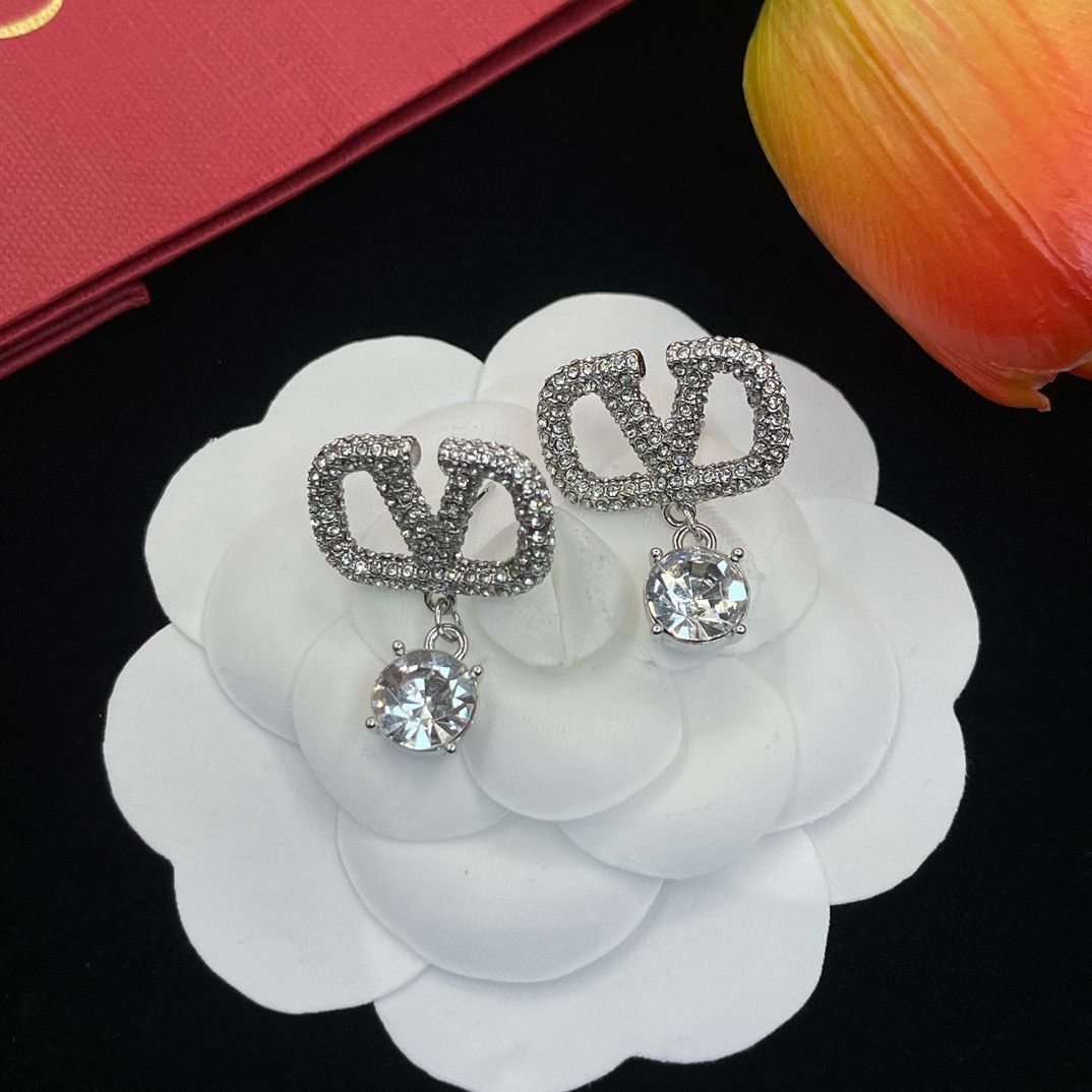 Full Diamond V Letter Earrings