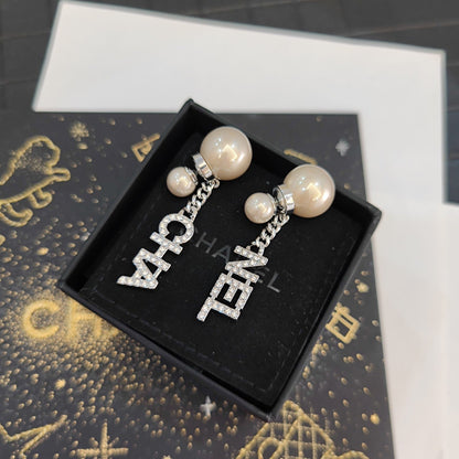 Rhinestone Letters Pendant Pearl Earrings