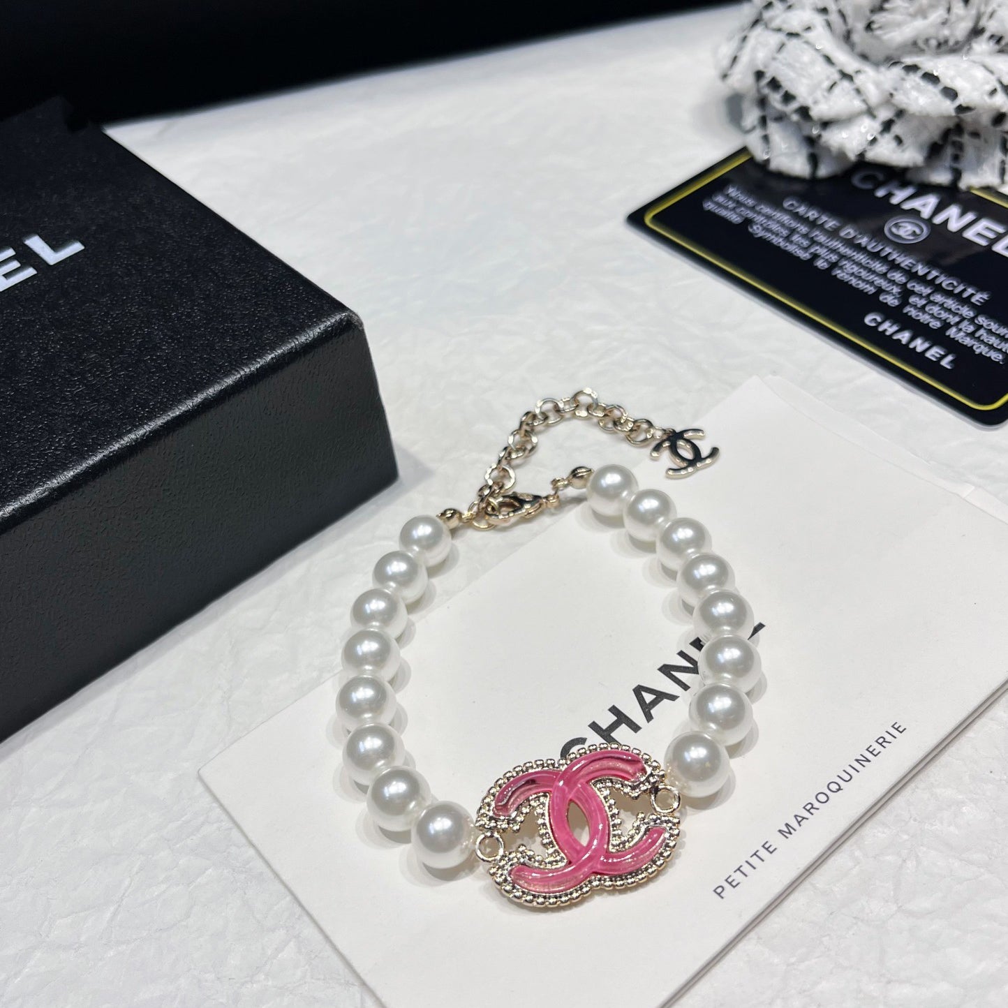 Pink Enamel Logo Pearl Bracelet